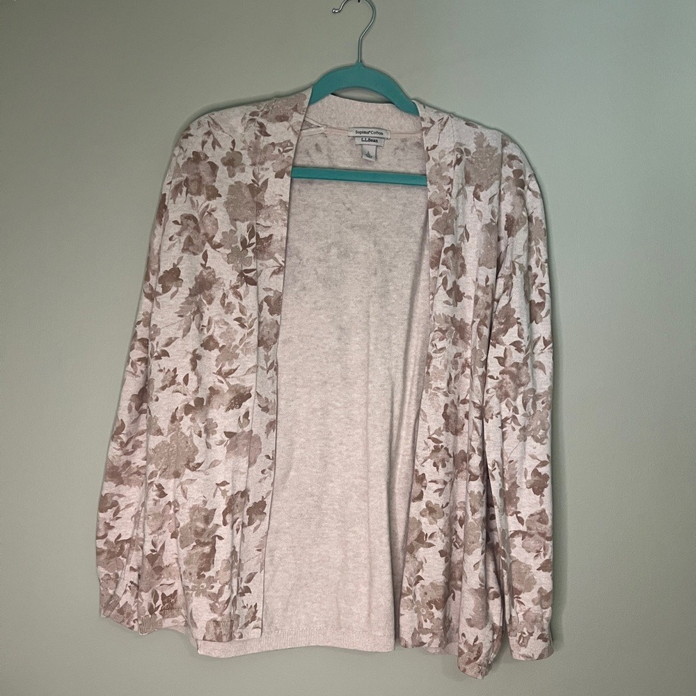 L.L. Bean Floral Cardigan Supima Cotton Cream Women Large Cottagecore